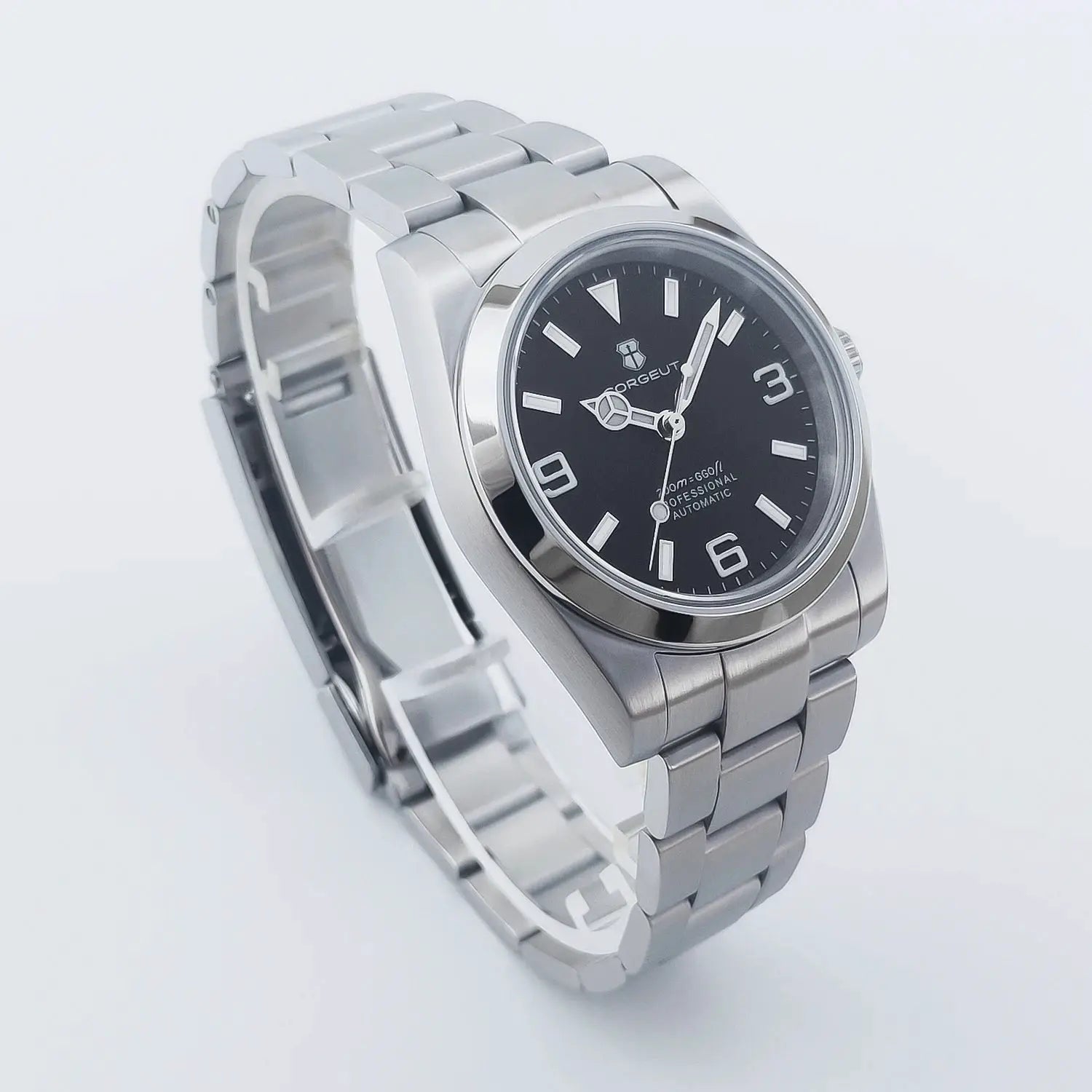 Corgeut 36/39mm men's stainless steel automatic wristwatch with black dial and sapphire crystal