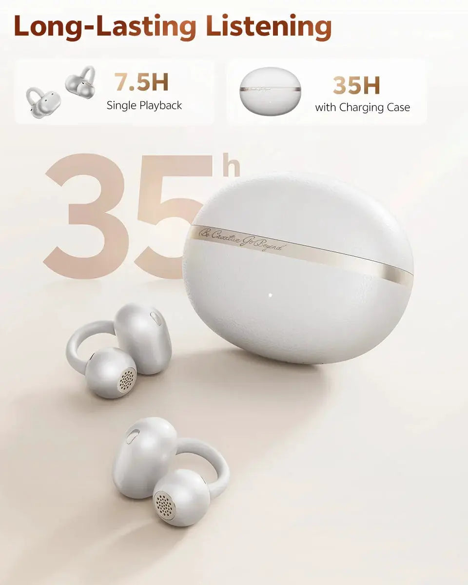 QCY Crossky C50 open-ear wireless earbuds with white-silver finish and round charging case