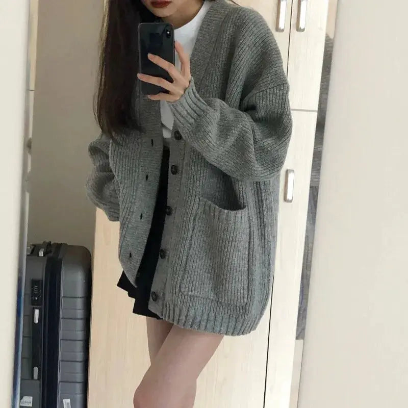 AutumnAura V Neck Loose Knit Cardigan Coat For Women Cozy Relaxed Fit For Autumn And Winter Warmth