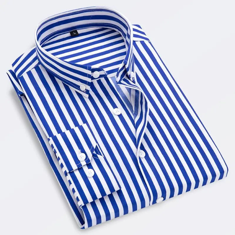 Men's blue and white striped slim-fit long-sleeve dress shirt, button-down, folded laydown style