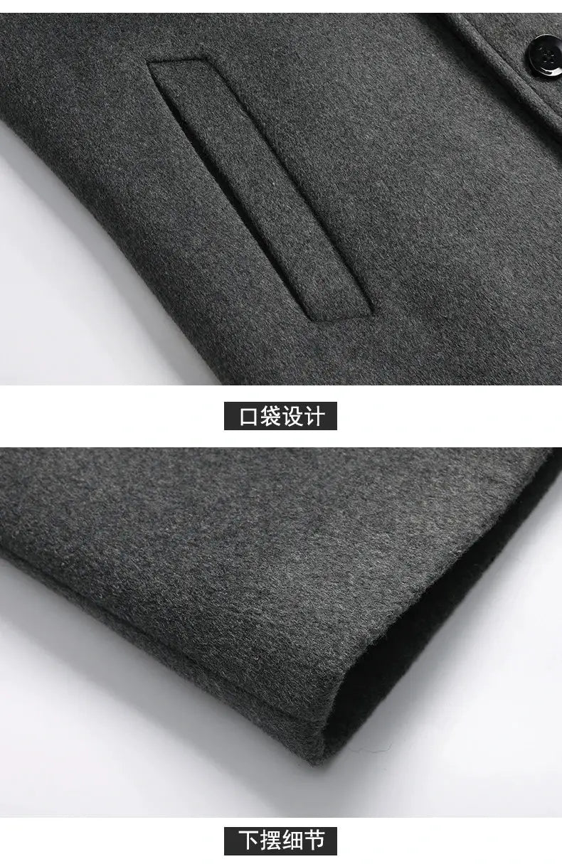 Men's long charcoal gray wool trench coat close-up with inset pocket detail.