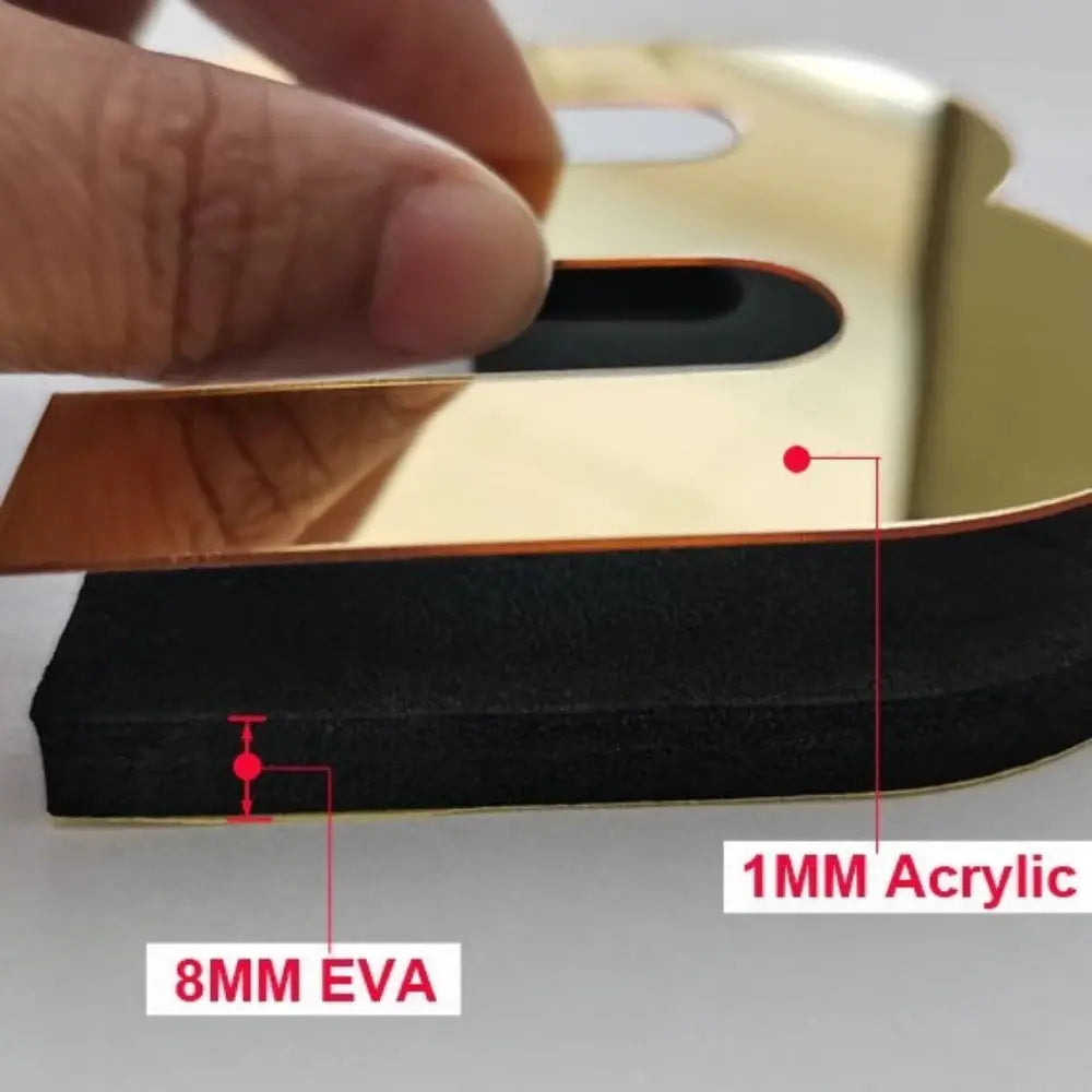 Gold acrylic mirror wall clock sticker being peeled from EVA backing; features 1mm acrylic and 8mm EVA.
