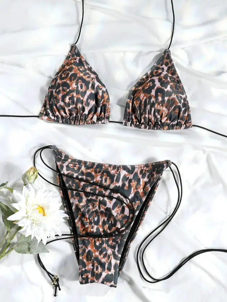Sexy Triangle Bikini Set For Women Micro Thong Swimsuit Bandage Beachwear With Print Bathing Suit