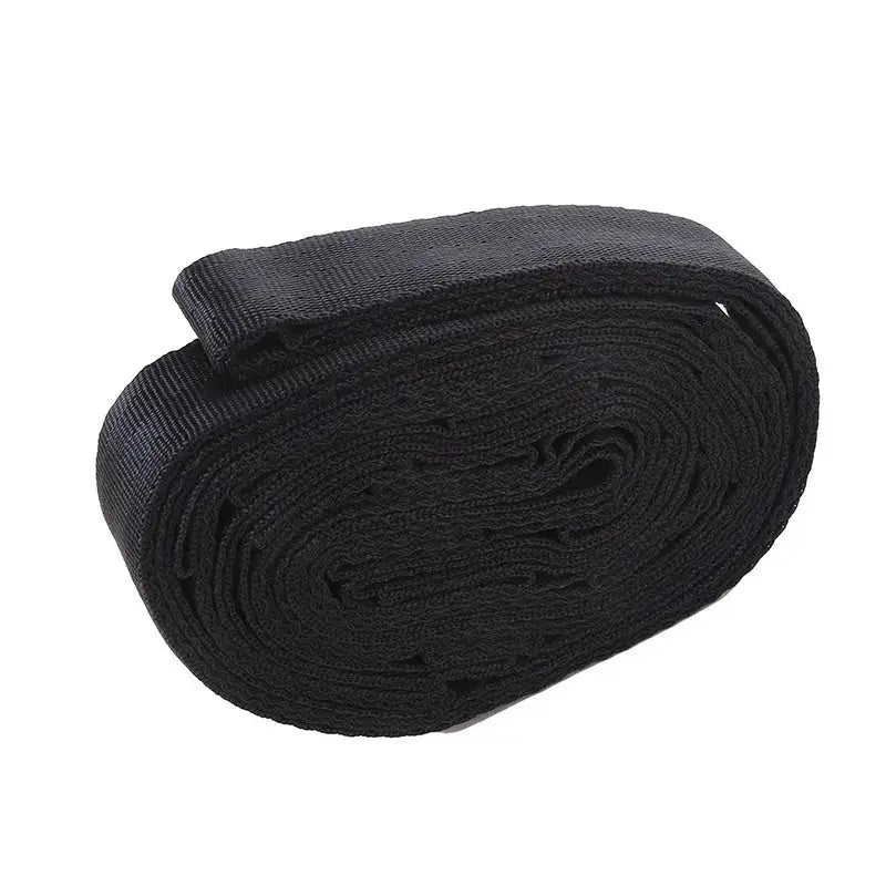 2-piece black polyester hammock straps rolled for storage; 600lb breaking strength