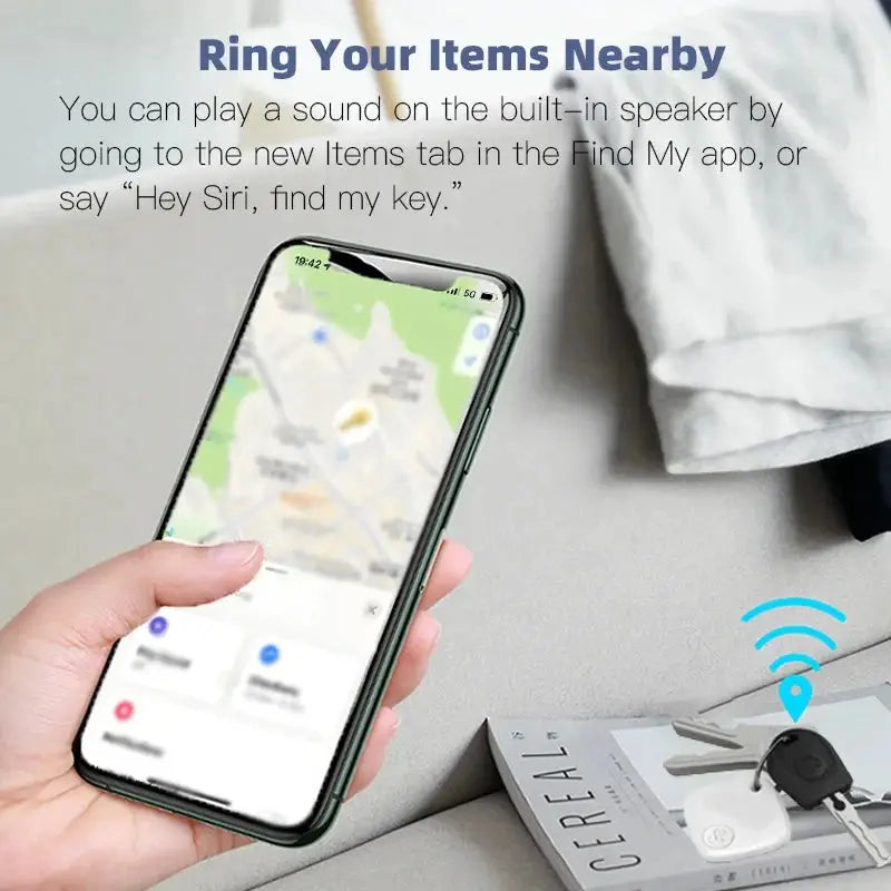 Bluetooth mini tracking device for Find My app by Simples Market, black key finder beside a set of keys
