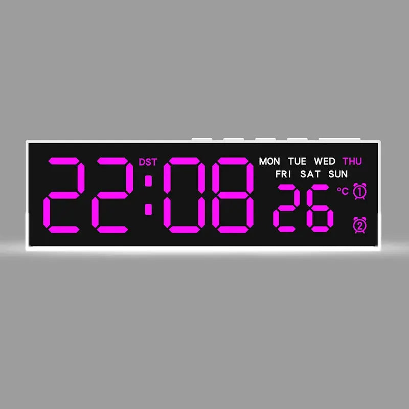 USB powered digital alarm clock with magenta LED display, white frame, and weekday plus temperature readouts