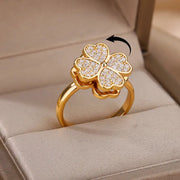 Spinner Zircon Heart Four Leaf Clover Ring For Women Stainless Steel Anti Stress Fidget Jewelry Christmas Gift