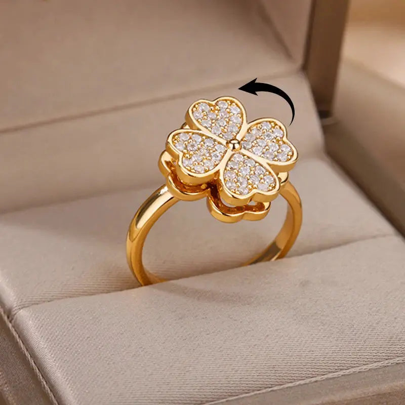 Spinner Zircon Heart Four Leaf Clover Ring For Women Stainless Steel Anti Stress Fidget Jewelry Christmas Gift