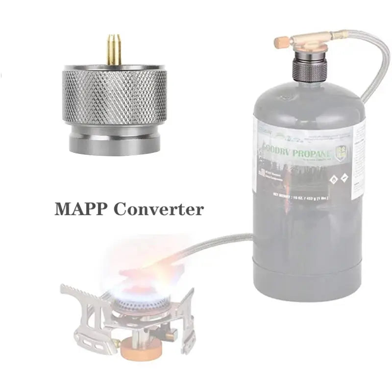 Simples Market 3-piece camping gas stove kit with gray propane cylinder and metal refill adapter
