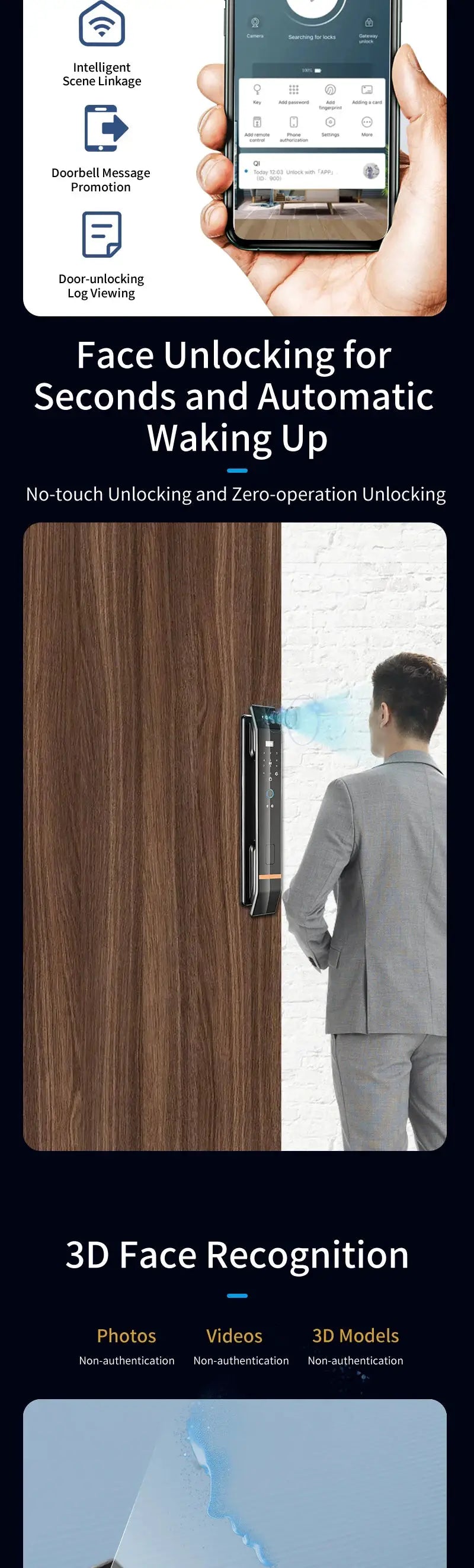 3D Face Smart Door Lock by Simples Market; biometric fingerprint, IC card, WiFi app unlock, black finish