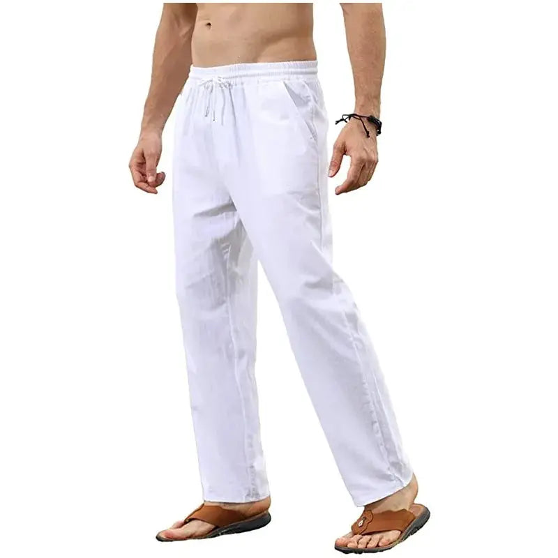 Men's white cotton-linen jogger pants with drawstring, breathable loose-fit casual trousers