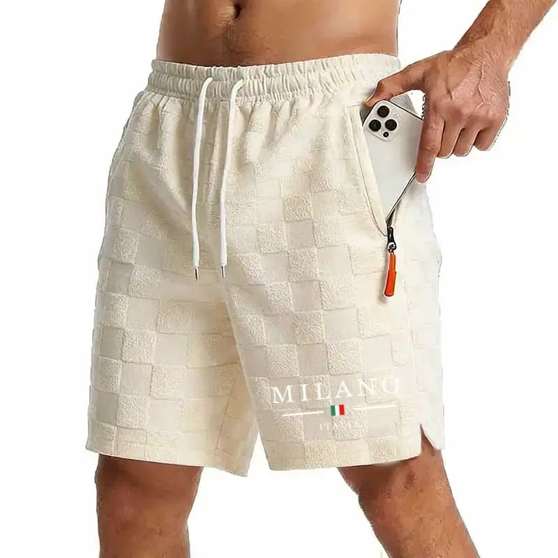 Men's beige checkered shorts with zip pocket, drawstring waist, Milano logo