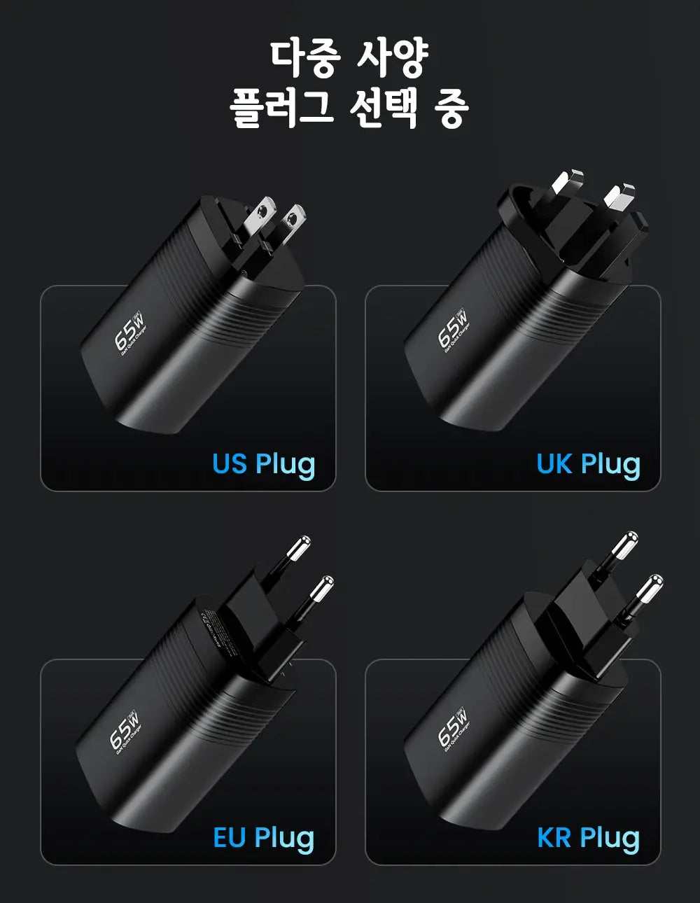 ASOMETECH GaN USB-C Charger 65W with four plug variants (US, UK, EU, KR) in black