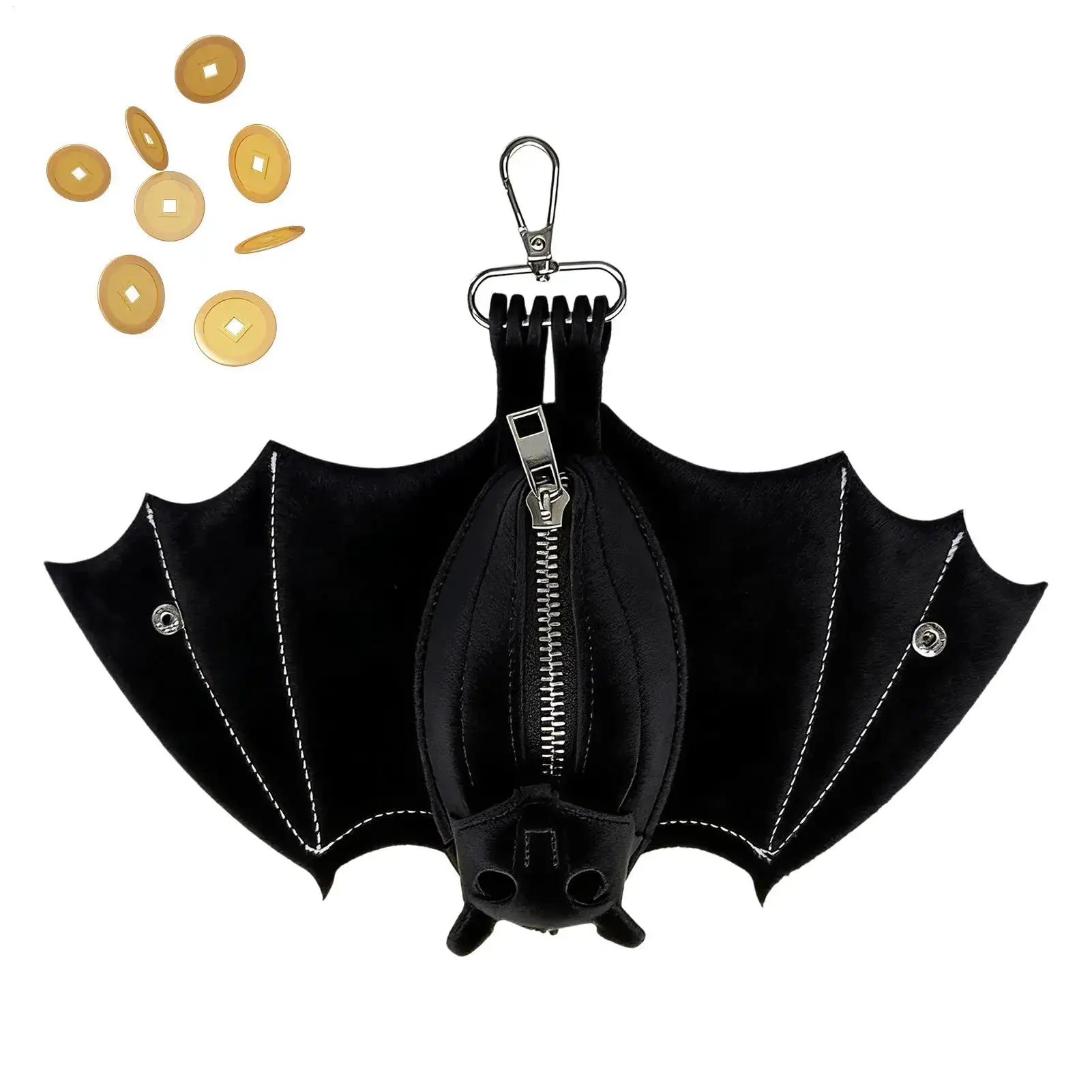 Simples Market bat-shaped PU leather coin purse with foldable wings, black with white stitching and a keychain clip