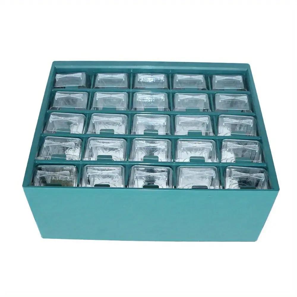 Teal 25-compartment parts storage box with clear plastic bags