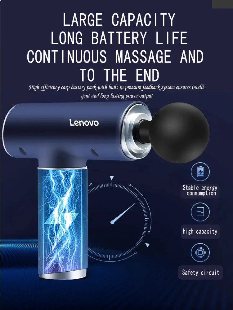 Lenovo fascia gun massager, original blue cordless device with LED touch screen and round head