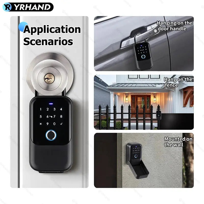 YRHAND smart lock with fingerprint keypad; black compact unit shown on door handle, fence, and wall mount
