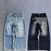 Deeptown Vintage Letter Print Y2K Harajuku Wide Leg Denim Pants