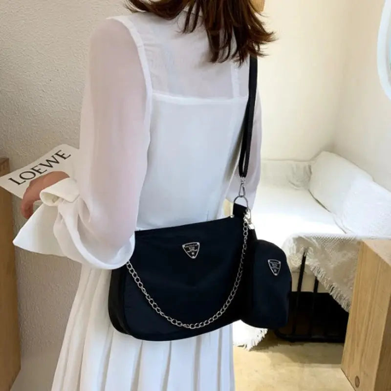 VoyageNyl Nylon Shoulder Bag Set Two Piece Solid Color Handbags With Chain Straps For Daily Use And Travel