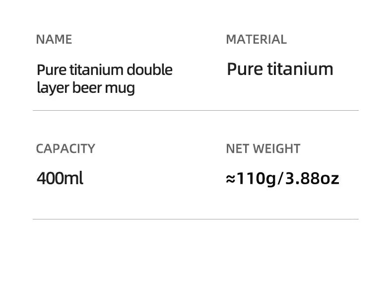 Pure titanium double-layer beer mug, 400ml capacity, approx 110g.