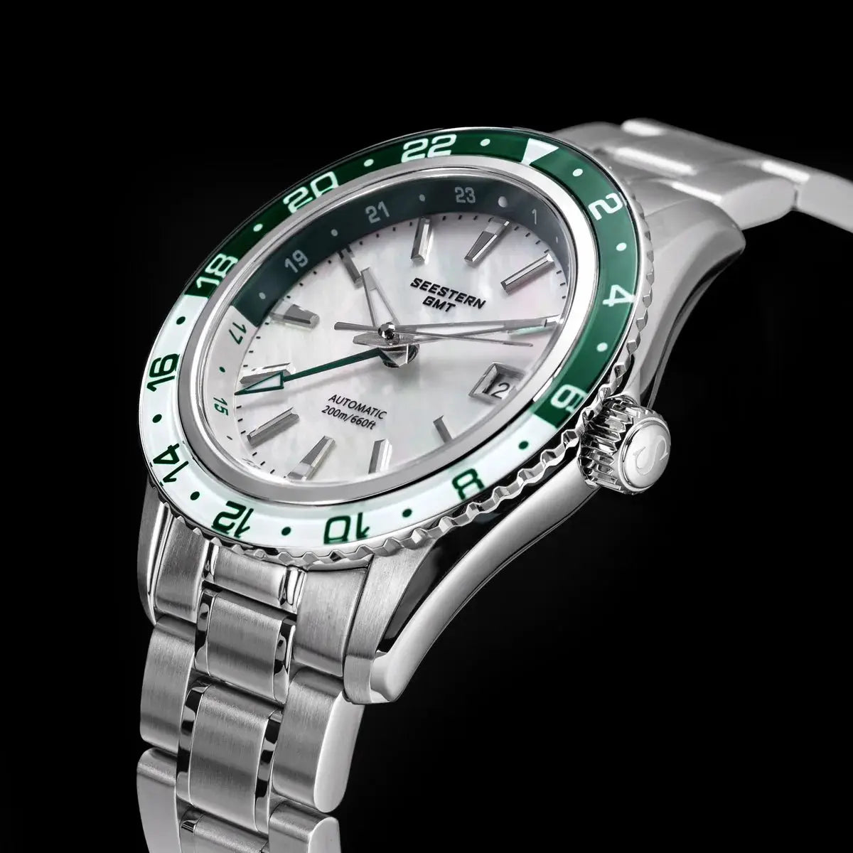 Seestern GMT men's stainless steel wristwatch with green 24h bezel and white dial