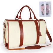 Foldable handbag with brown leather trim on cream body; large travel tote by Simples Market, includes clear zip pouch.