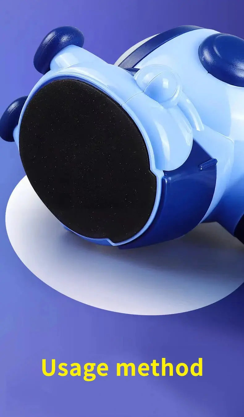 Blue astronaut cartoon pencil sharpener with black sharpening wheel; hand-crank school accessory