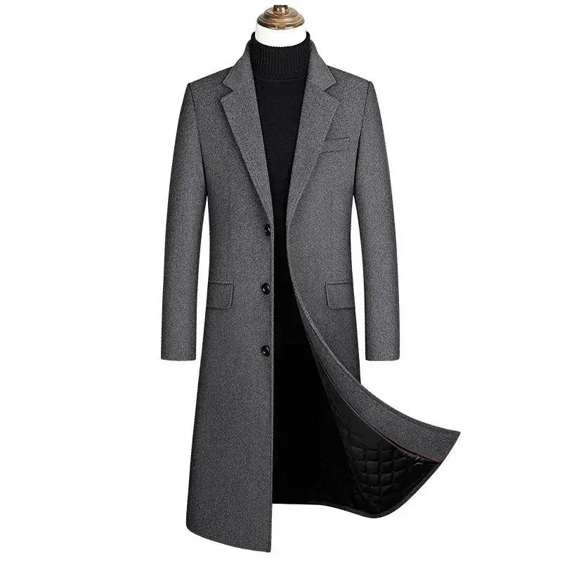 Men's grey wool-blend long overcoat with notch lapels, single-breasted buttons, knee-length
