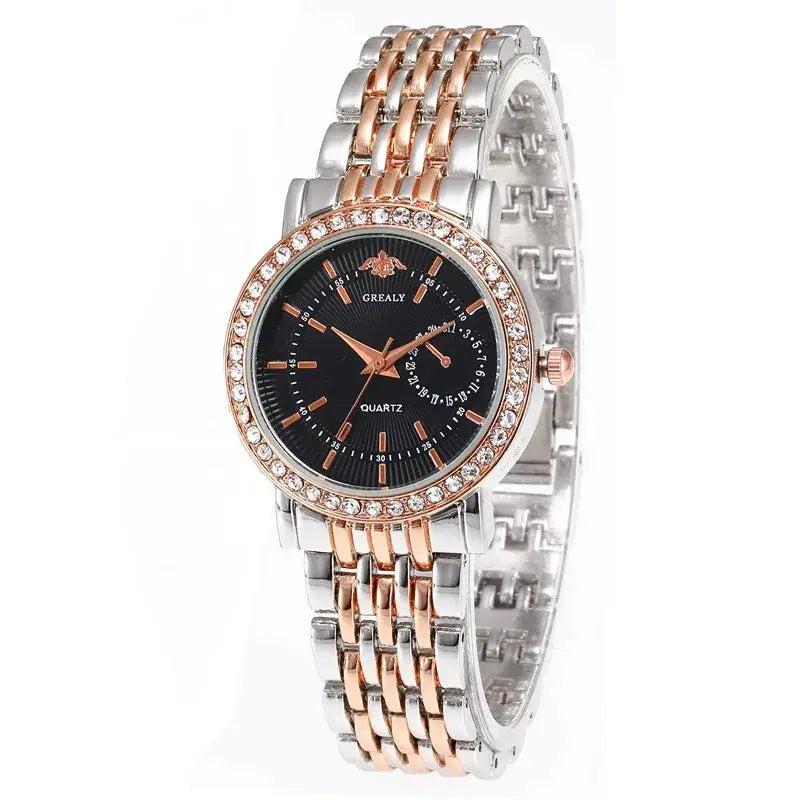 Women's two-tone quartz watch with rhinestone bezel, black dial, rose-gold hands and markers, silver-rose gold bracelet