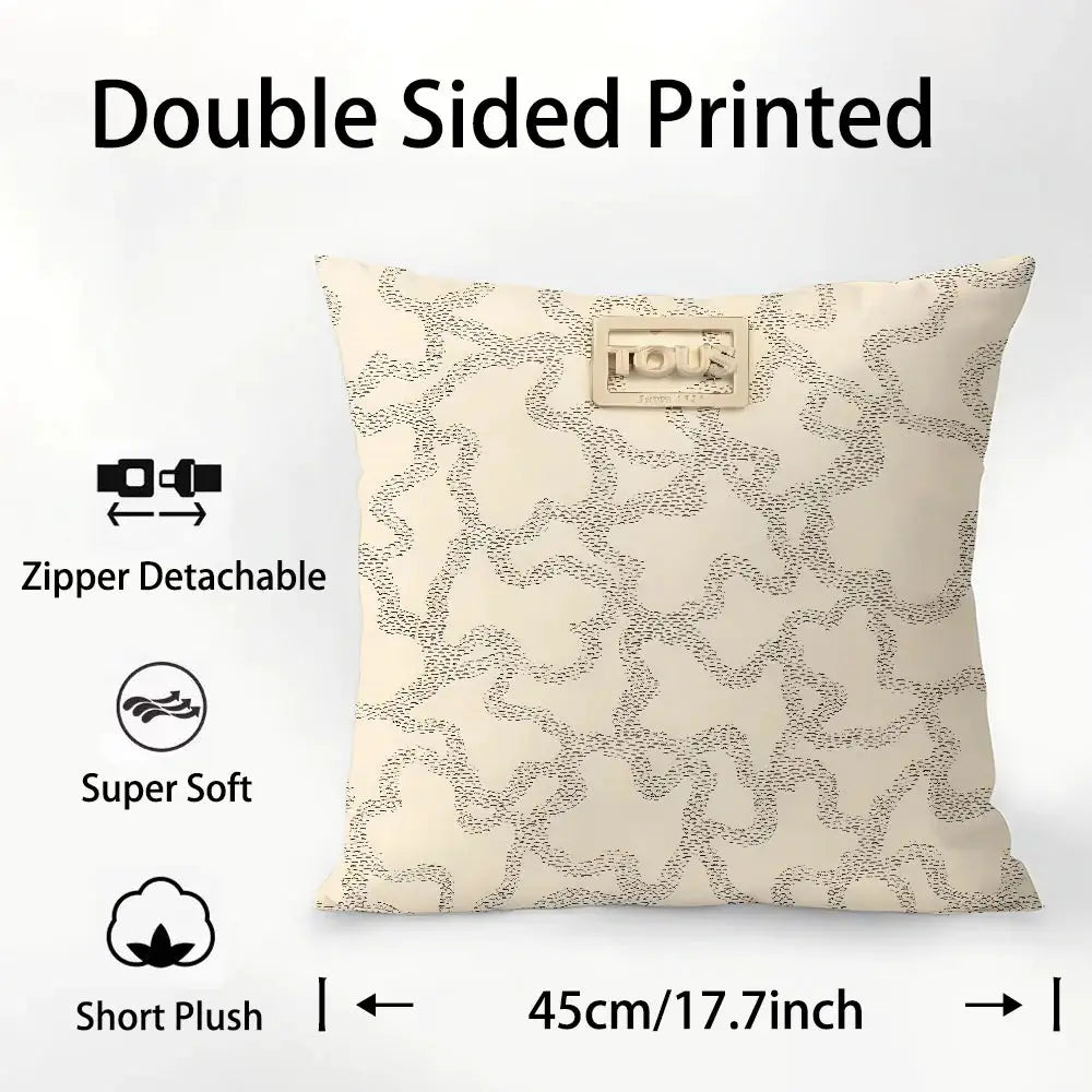 Pillow cover beige plush fabric, double-sided printed with abstract pattern and detachable zipper, 45cm/17.7in