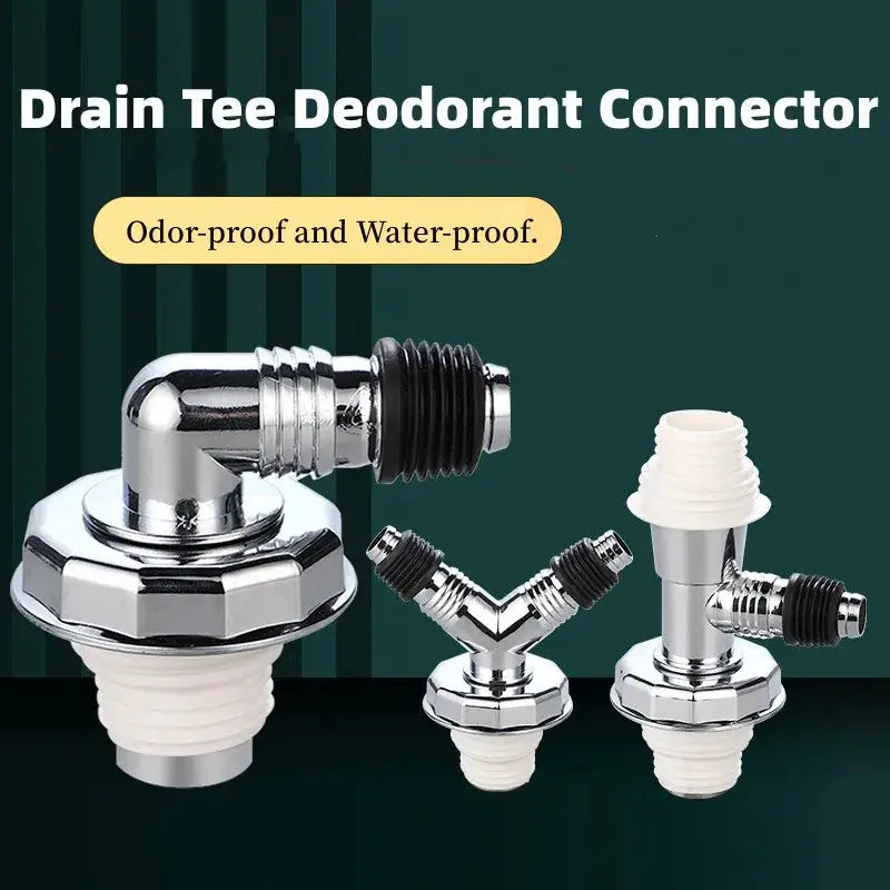 Drain connectors set: three chrome-plated fittings with white plastic threads.
