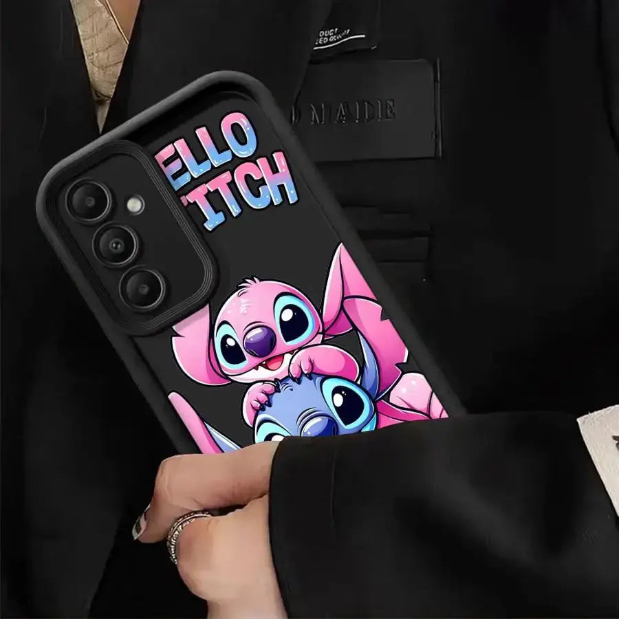 Disney Stitch soft cover phone case for Samsung Galaxy; black case with pink and blue Stitch artwork