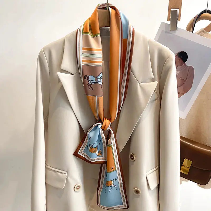 LuxeSilk Silk Feel Printed Design Scarf Versatile Long Narrow Silk Shawl For Fashionable Styles