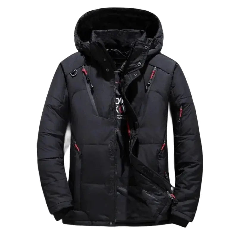 Men's black hooded duck-down puffer jacket with red zipper accents and quilted warmth