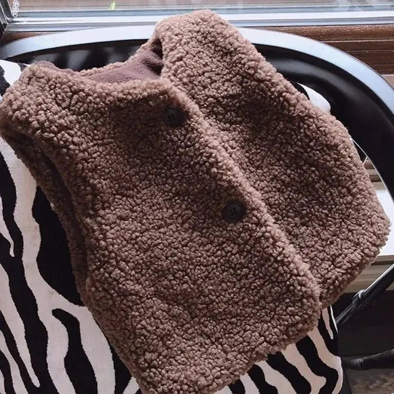 Autumn Winter Baby Lamb Wool Velvet Waistcoat For Girls And Boys Plush Vest Single Breasted V Neck Warm Coat