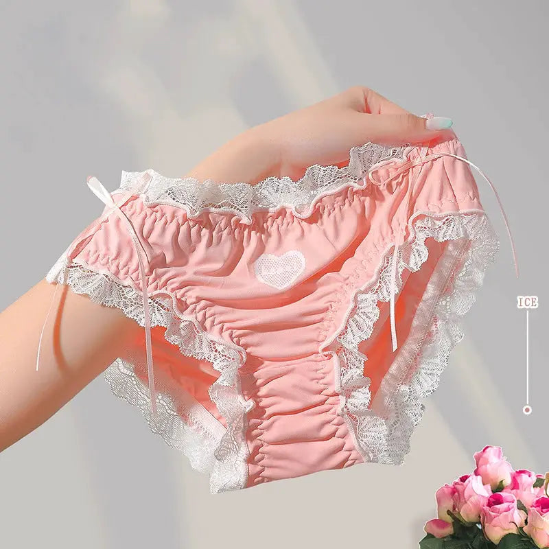 Simples Market pink ice silk panties with white lace trim, ruched center, low-waist, heart motif, breathable.