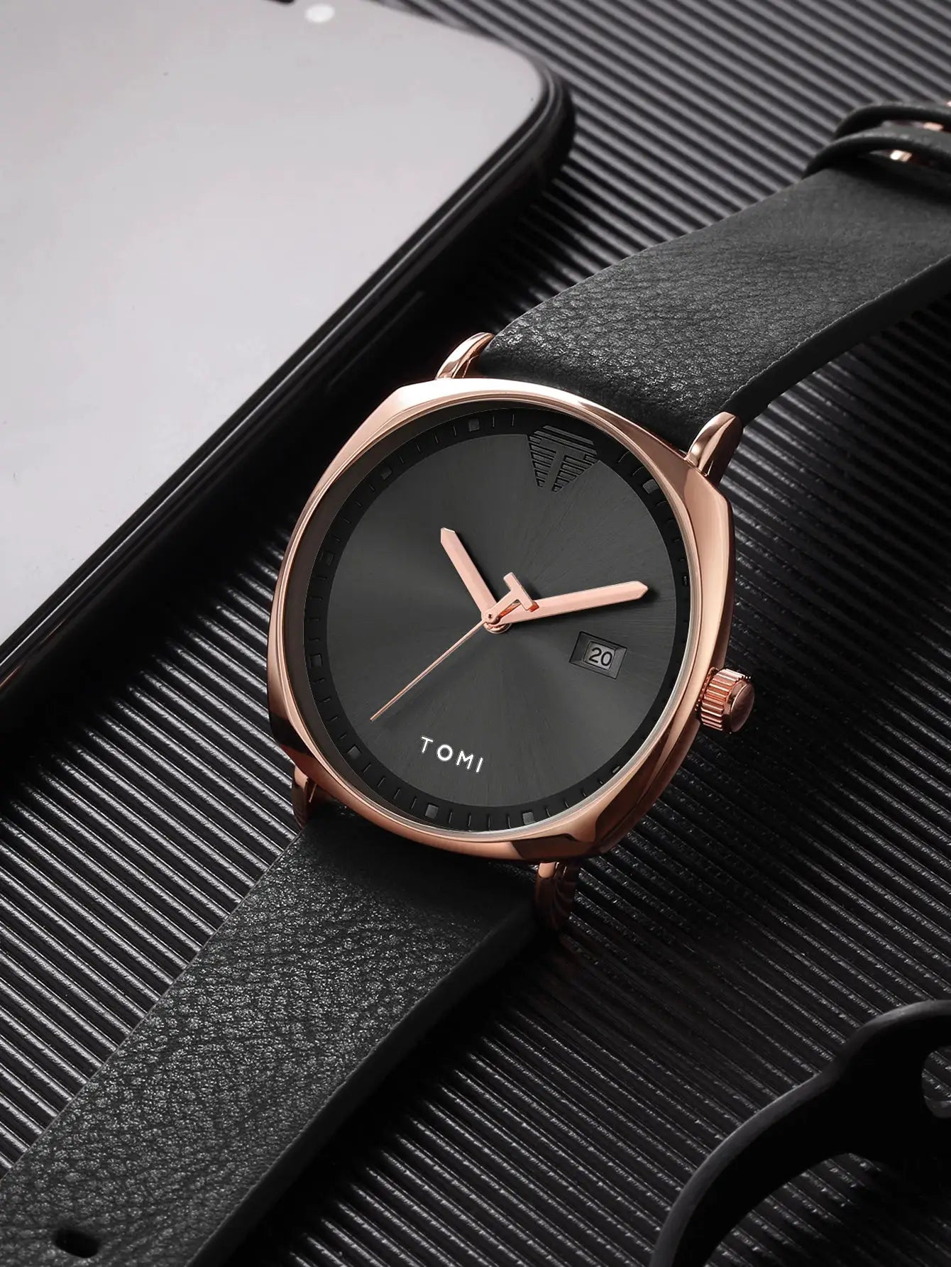 TOMI men's minimalist quartz watch with rose-gold case and black leather strap