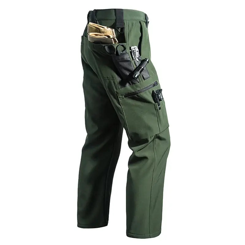 Men's Simples Market cargo fleece-softshell hiking pants in olive green with multiple tool pockets, sizes M-5XL