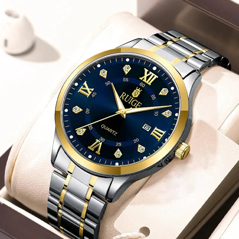 Ruige Mens Watch Minimalist Roman Dial Night Glow Water Resistant Stainless Steel Band