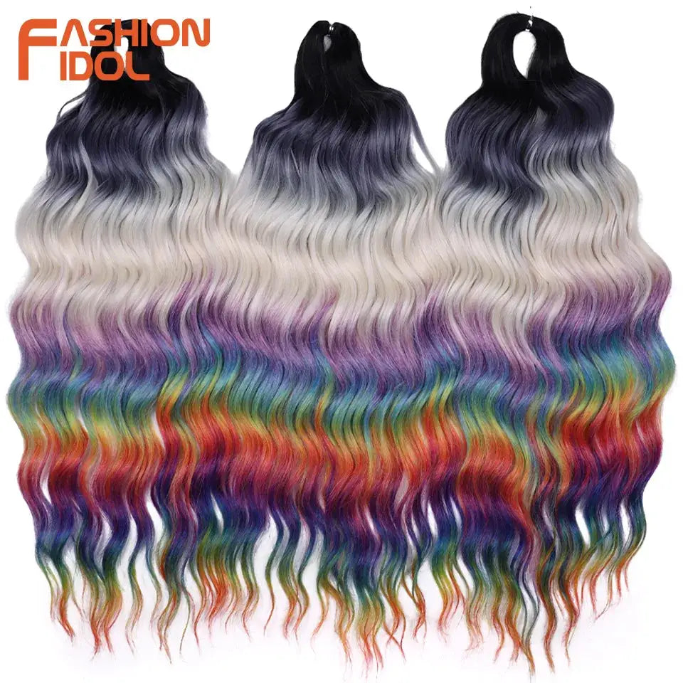 Anna 24in synthetic water-wave crochet braiding hair extensions in ombre rainbow blonde, 3 bundles