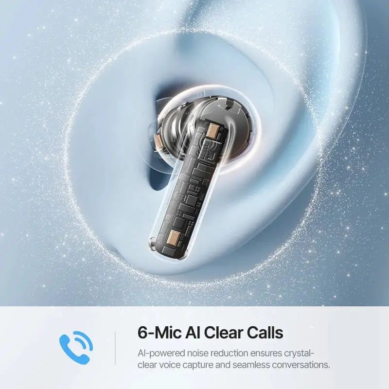 Baseus Bass EP10 Ultra Wireless Earphones with transparent circuitry and blue background, 6-mic AI Clear Calls