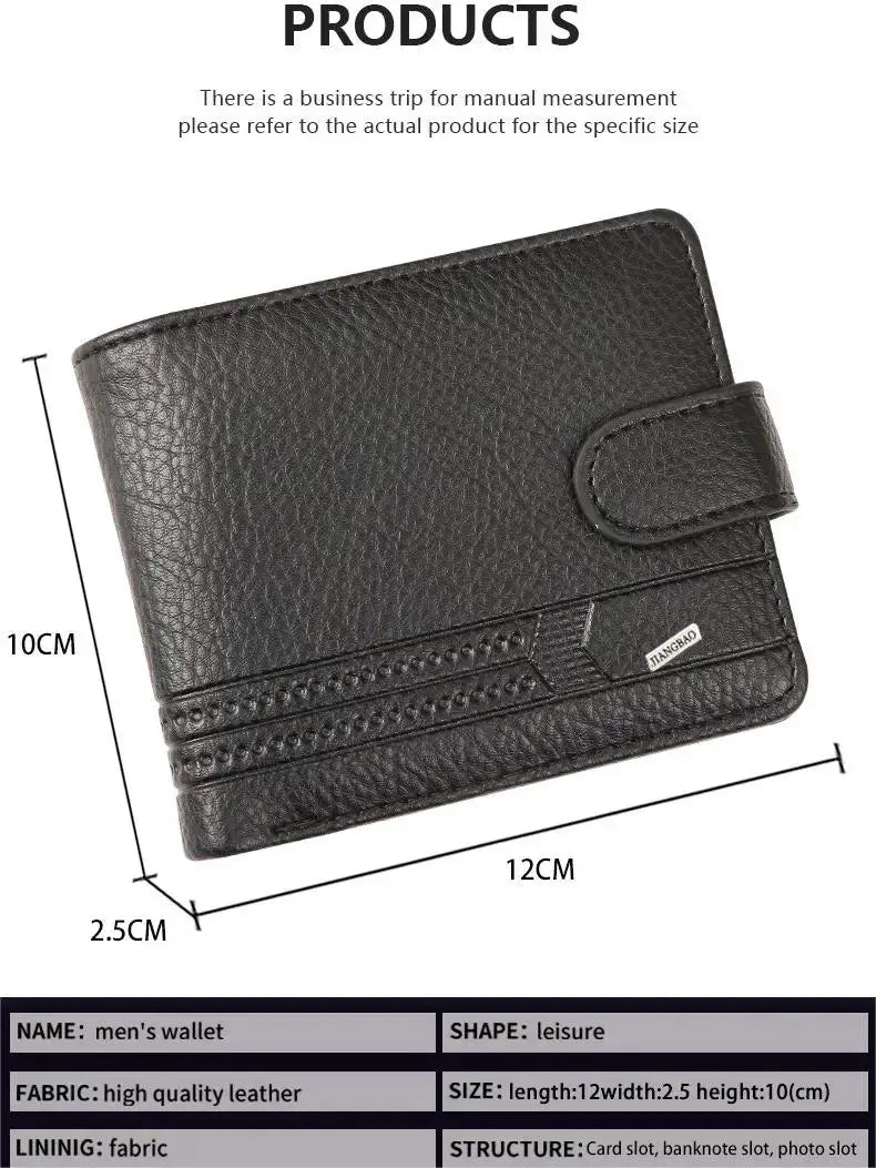 Men's slim leather bifold wallet with ID window, coin pouch, and multiple card slots; black Simples Market.