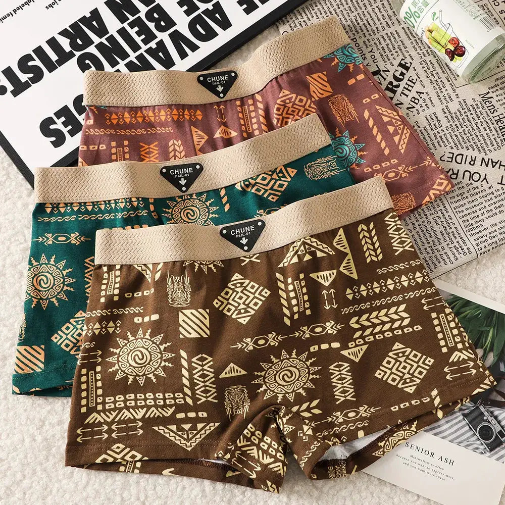 3-pack women's cotton vintage-print panties with beige elastic waistband; teal, brown, and maroon patterns; CHUNE logo