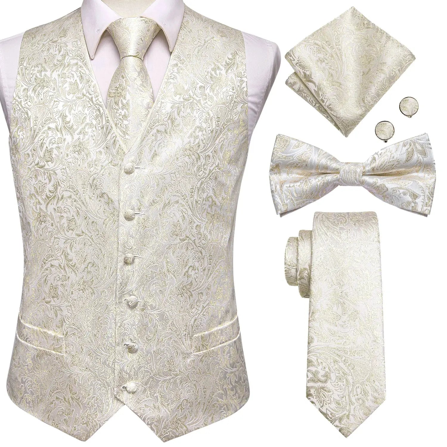 Men's luxury gold brocade waistcoat set with matching necktie, bow tie, pocket square and cufflinks