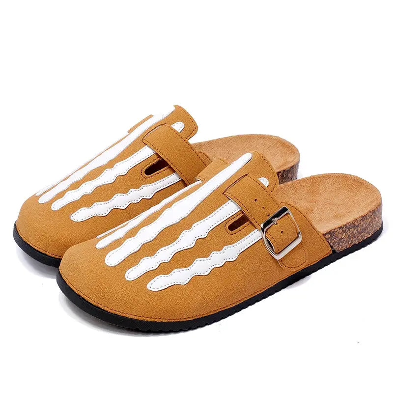 Simples Market pair of cork clogs with brown leather, white wave straps, buckle, cork footbed