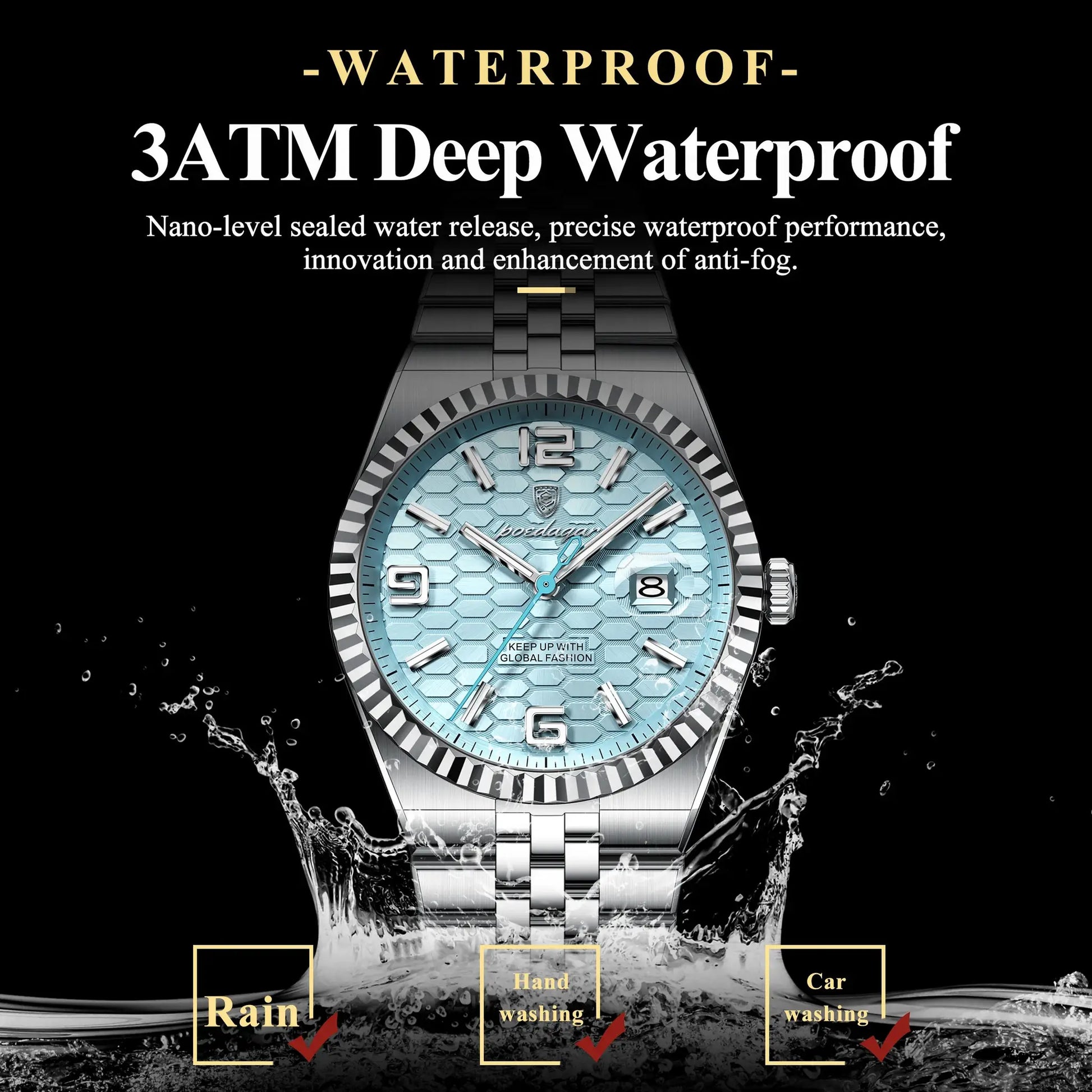 POEDAGAR stainless steel men's watch with blue patterned dial, date window, luminous hands, and 3ATM waterproof.