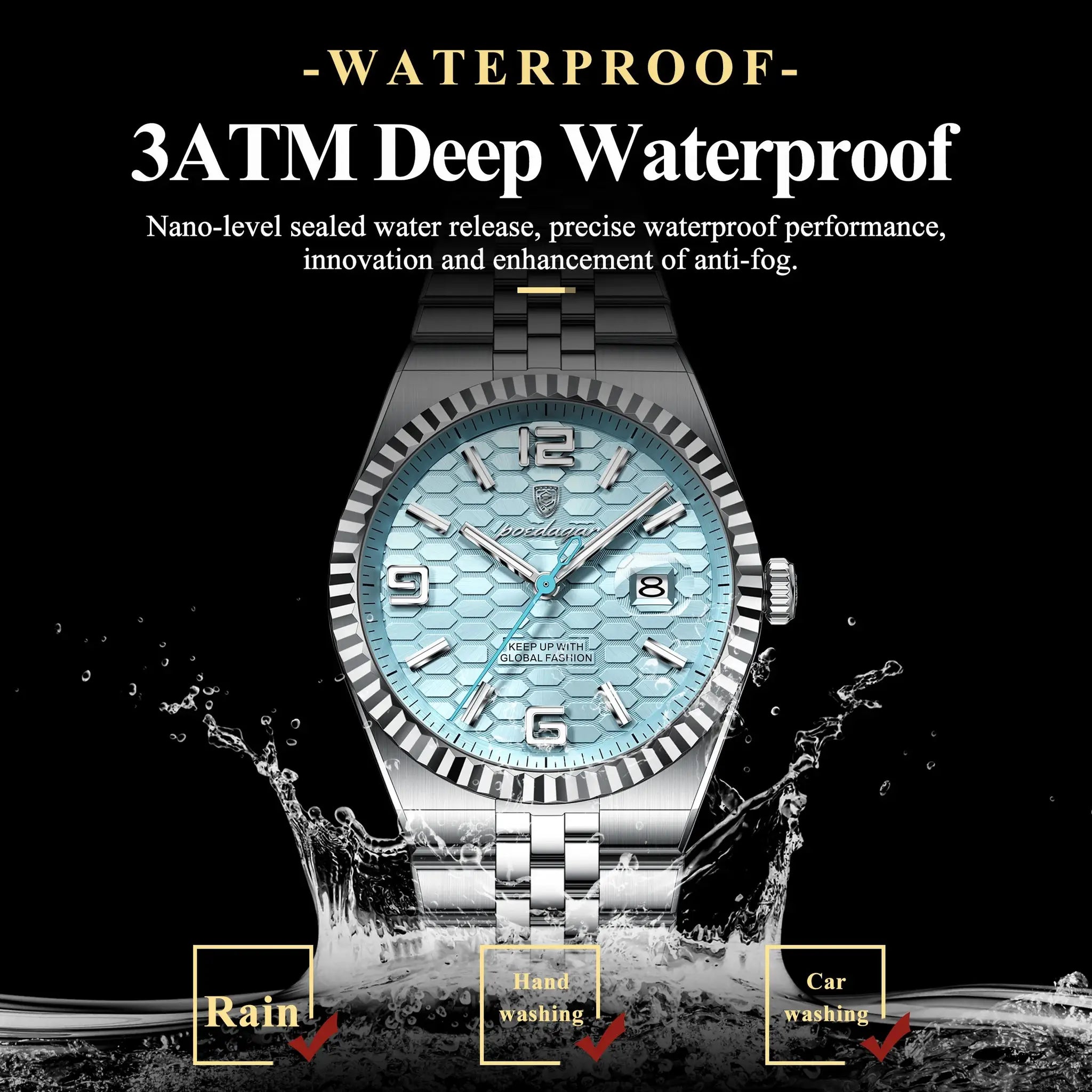 POEDAGAR stainless steel men's watch with blue patterned dial, date window, luminous hands, and 3ATM waterproof.
