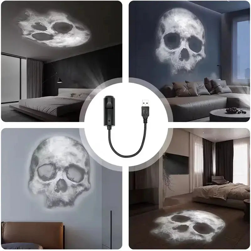 Halloween USB skull projection night light with 360-degree rotating pattern for dark ambiance