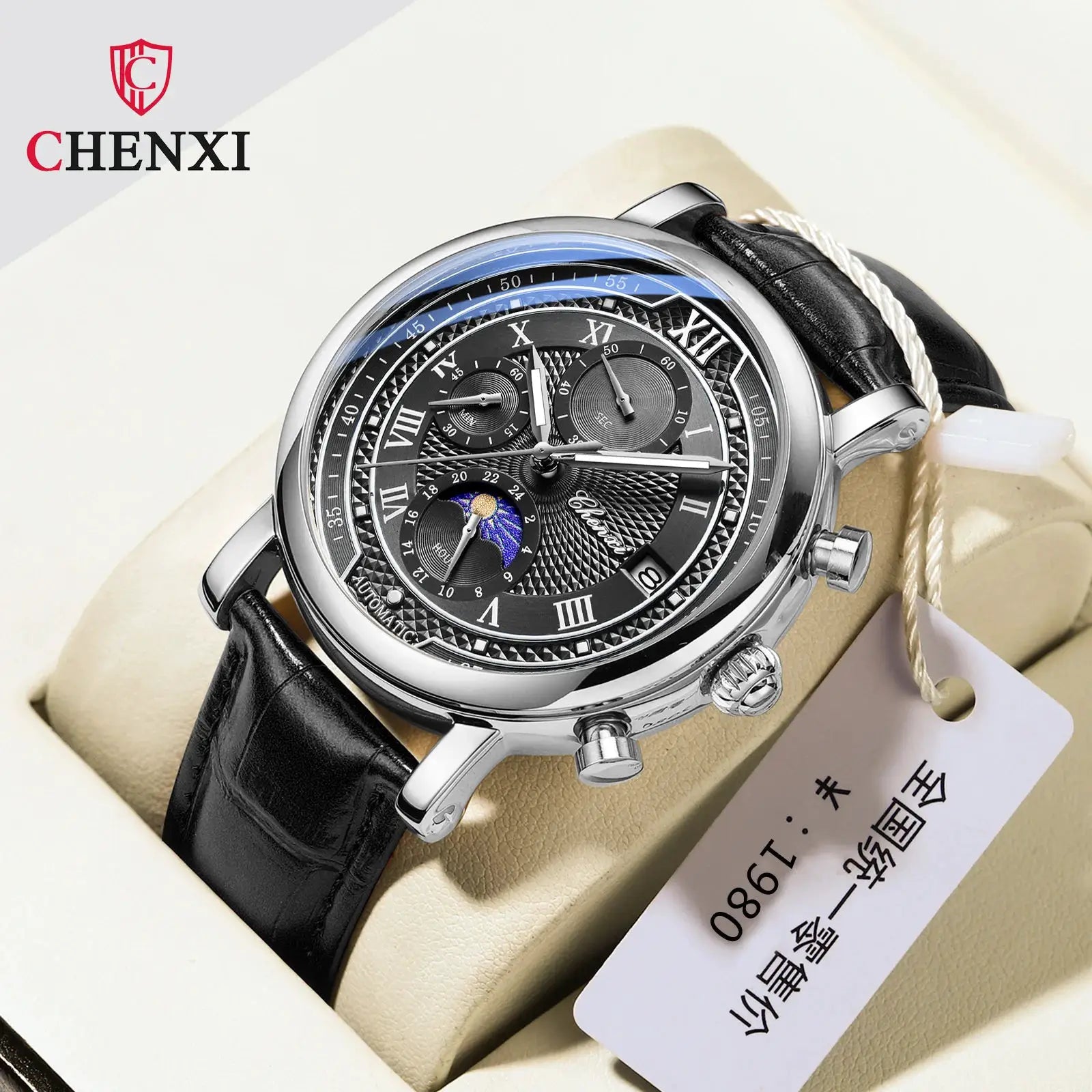 Chenxi 976 leather chronograph watch with moon phase dial and black leather strap