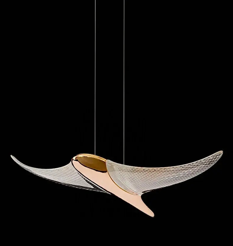 Seagull pendant lamp by Simples Market; modern long ceiling light with rose-gold centerpiece and clear textured wings